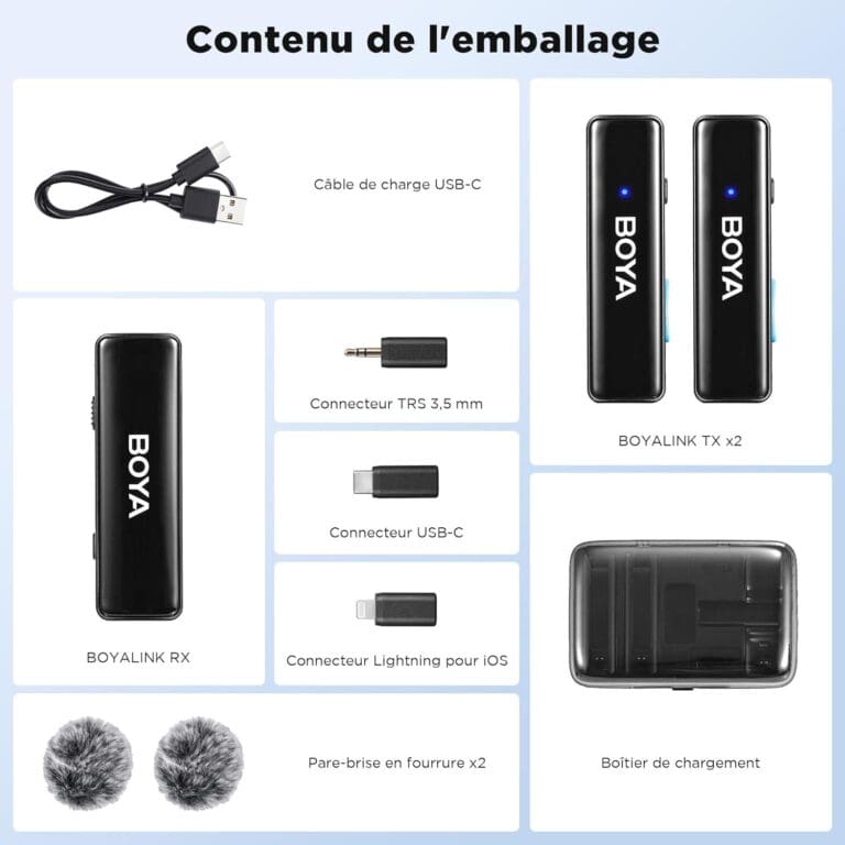 BOYA BOYALINK Système de 2 microphones professionnel sans fil tout-en-un pour 2 personnes avec connecteurs interchangeables – Image 6