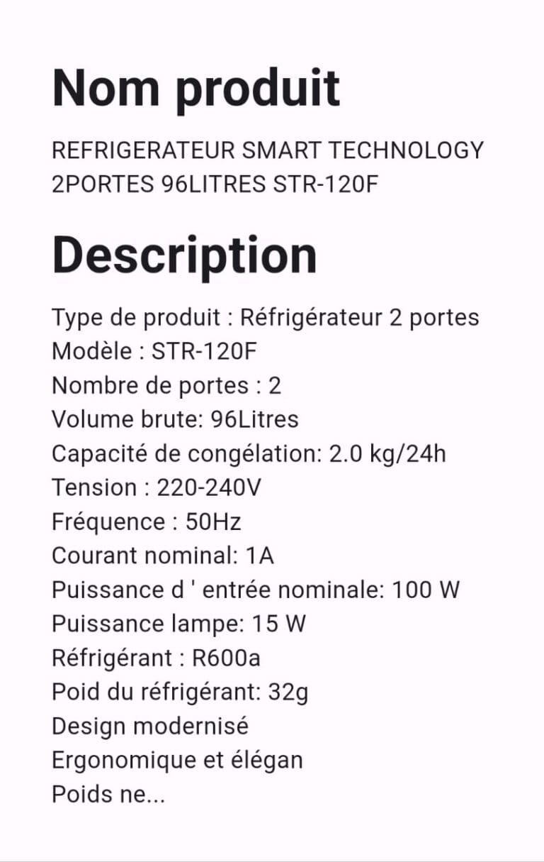 REFRIGERATEUR SMART TECHNOLOGY 2 PORTES 96 LITRES STR-120F – Image 2