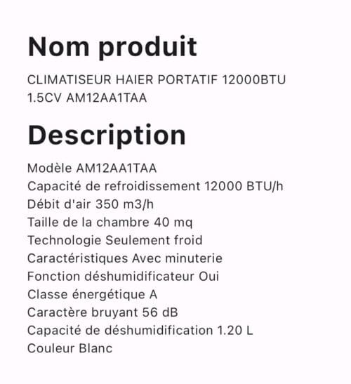 CLIMATISEUR HAIER PORTATIF 12000BTU 1.5CV AM12AA1TAA – Image 2