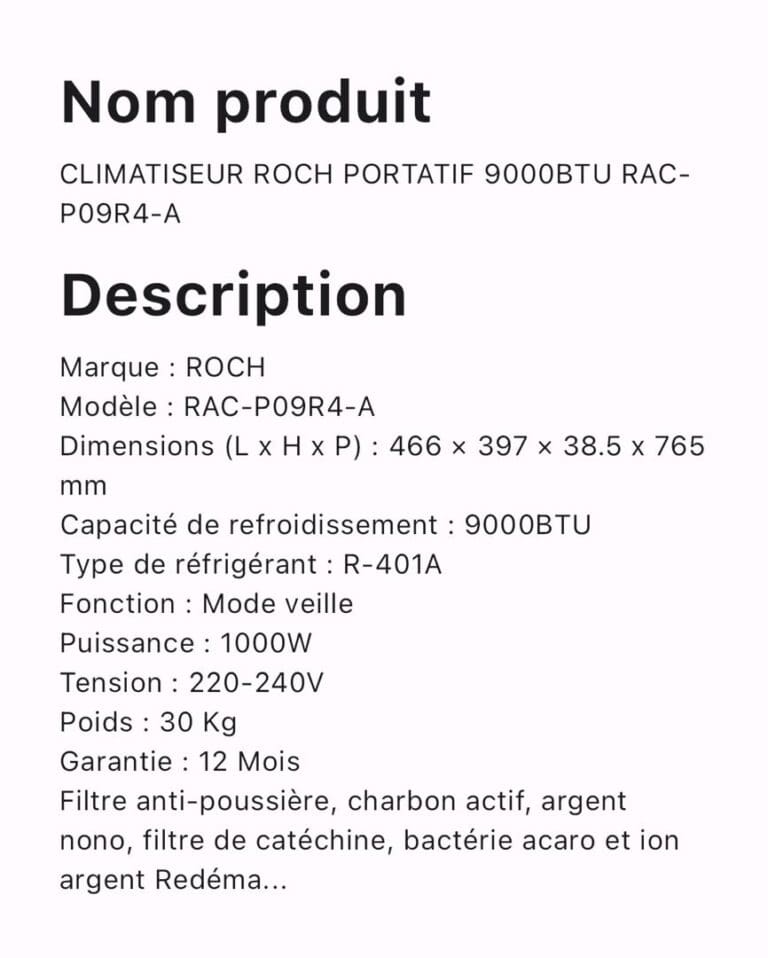 CLIMATISEUR ROCH PORTATIF 9000BTU RAC P09R4 A – Image 2