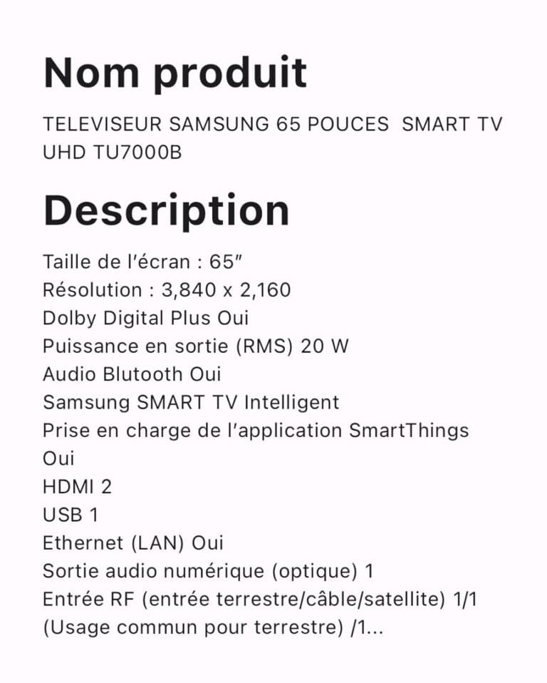 TELEVISEUR SAMSUNG 65 POUCES SMART TV UHD TU7000B – Image 2