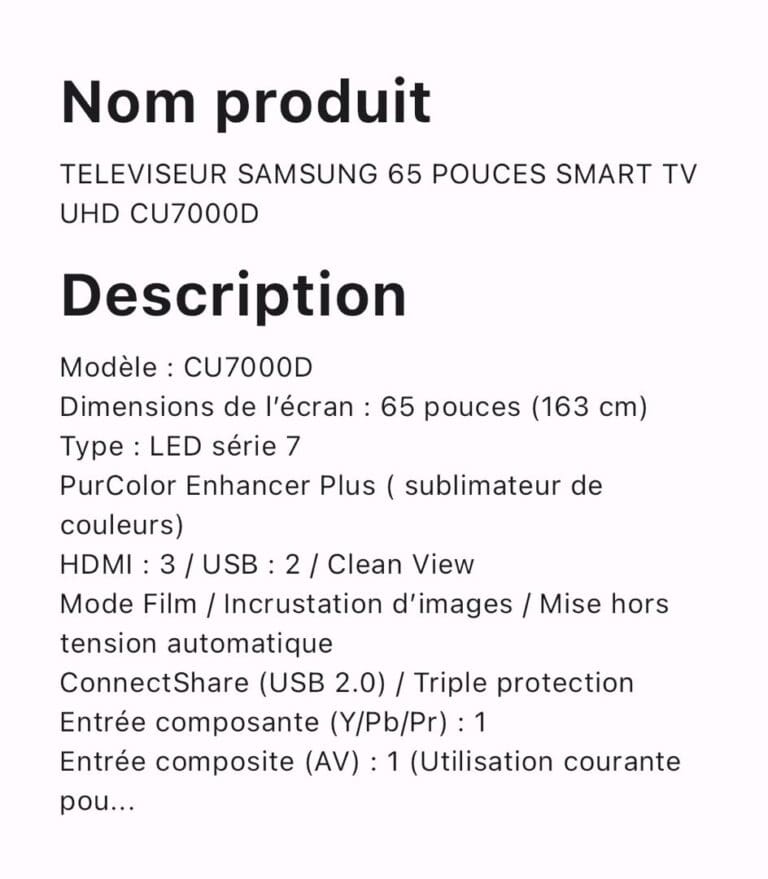 TELEVISEUR SAMSUNG 65 POUCES SMART TV UHD CU 7000D – Image 2