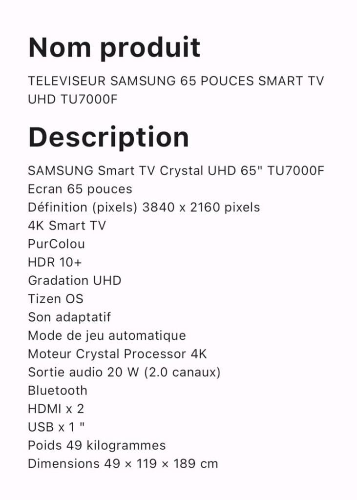 TELEVISEUR SAMSUNG 65 POUCES SMART TV UHD  TU7000F – Image 2