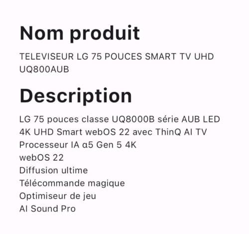 TELEVISEUR LG 75 POUCES SMART TV UHD UQ800AUB – Image 2