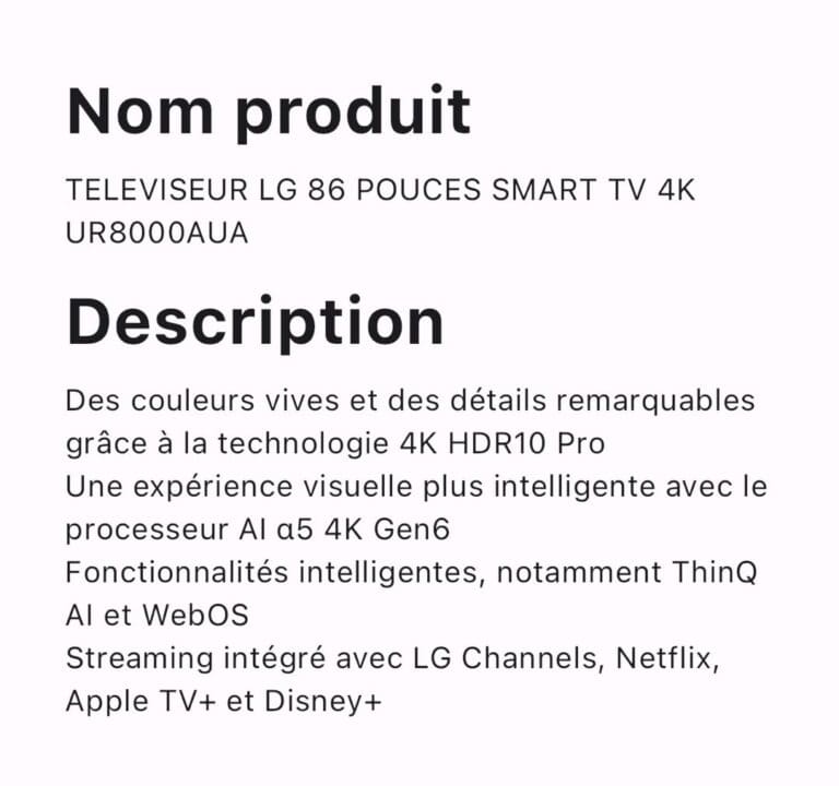 TELEVISEUR LG 86 POUCES SMART TV 4K UR8000AUA – Image 3