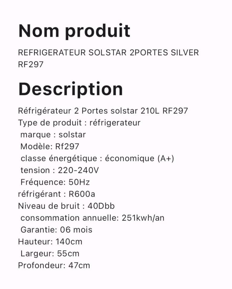 REFRIGERATEUR SOLSTAR 2 PORTES SILVER RF297 – Image 2