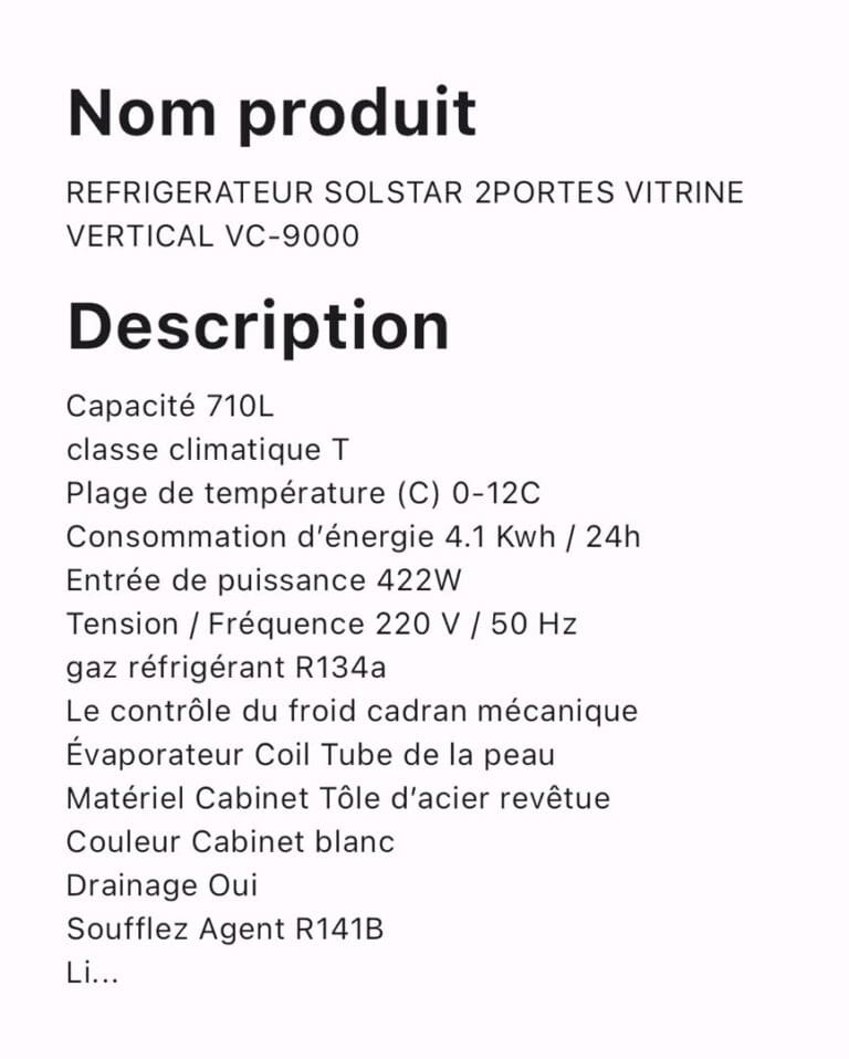 REFRIGERATEUR SOLSTAR 2 PORTES VITRINE VERTICAL VC  9000 – Image 2