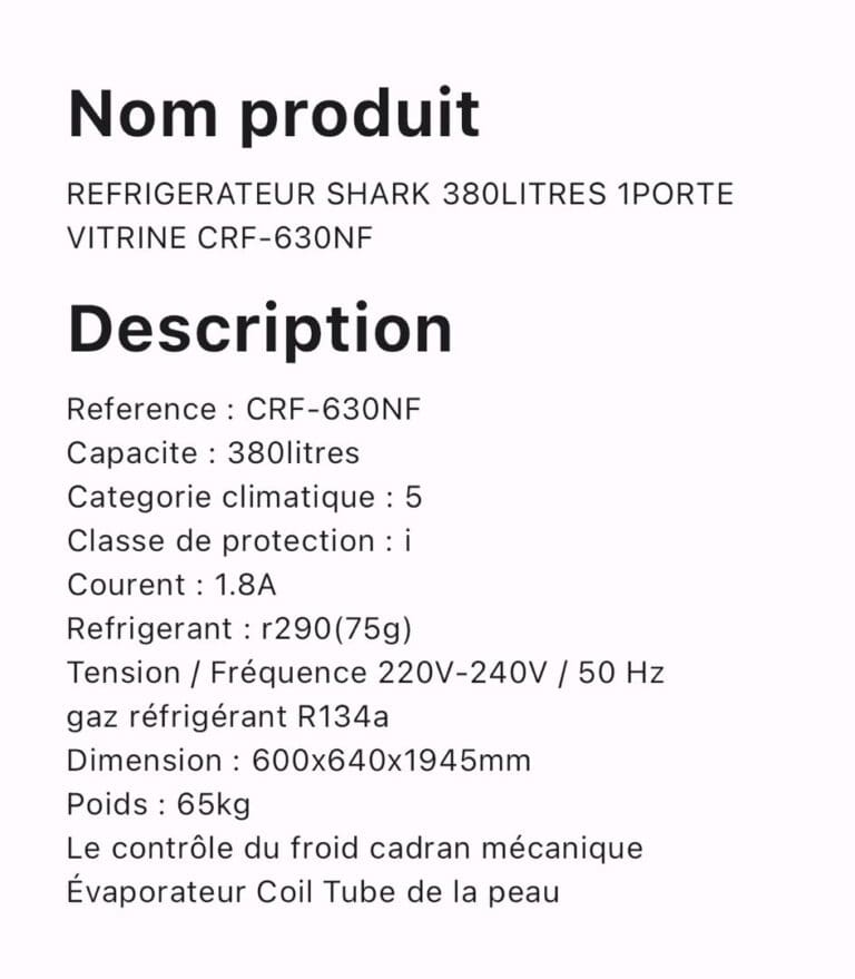 REFRIGERATEUR SHARK 380 LITRES 1 PORTE VITRINE CRF 630NF – Image 2