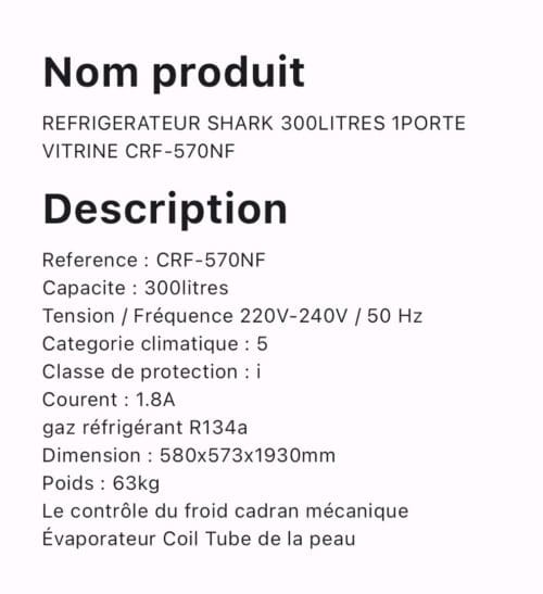 REFRIGERATEUR SHARK 300LITRES 1 PORTE VITRINE CRF 570NF – Image 3