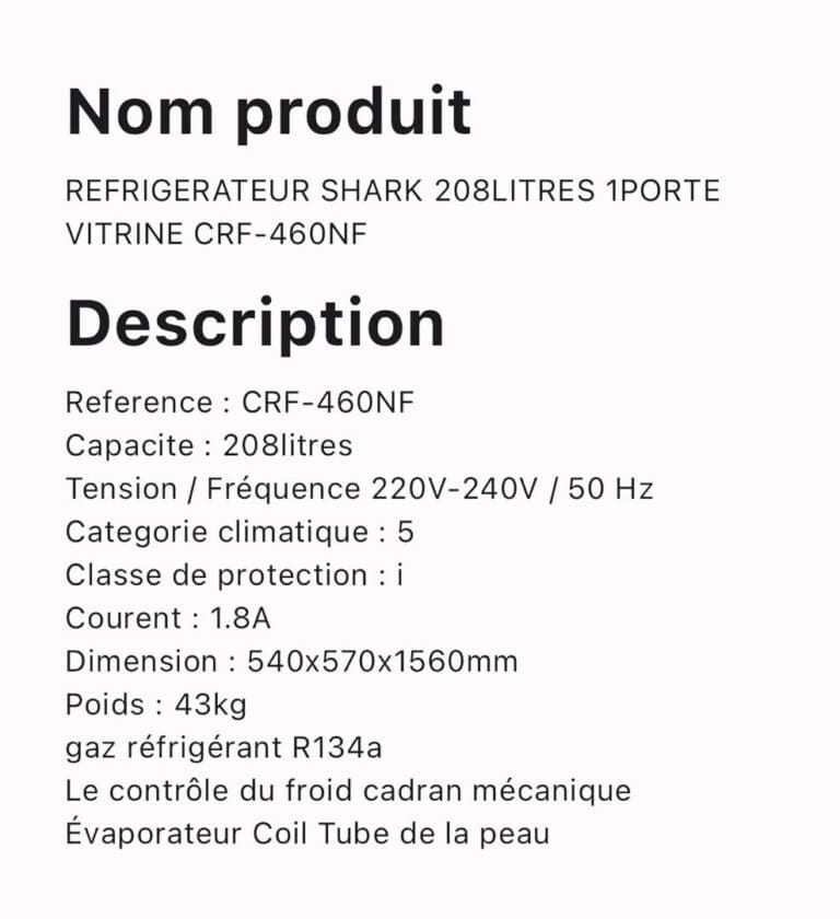 REFRIGERATEUR SHARK 208 LITRES 1 PORTE VITRINE CRF 560 NF – Image 2