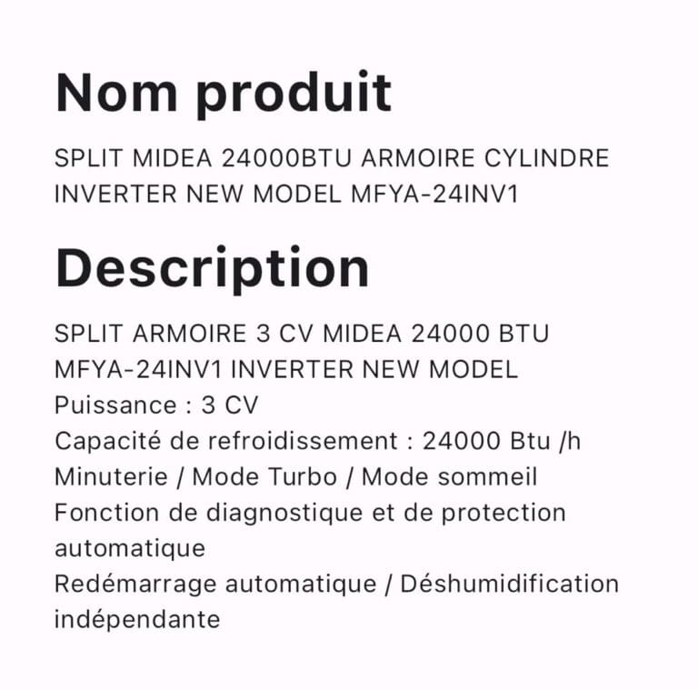 SPLIT MIDEA 24000BTU ARMOIRE CYLINDRE INVERTER NEW MODEL MFYA 24INV1 – Image 2