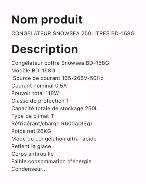 CONGELATEUR SNOWSEA 250LITRES BD 158G – Image 2