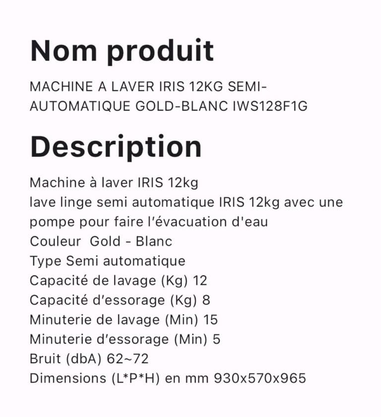 MACHINE A LAVER IRIS 12KG SEMI AUTOMATIQUE GOLD BLANC IWS128F1G – Image 2