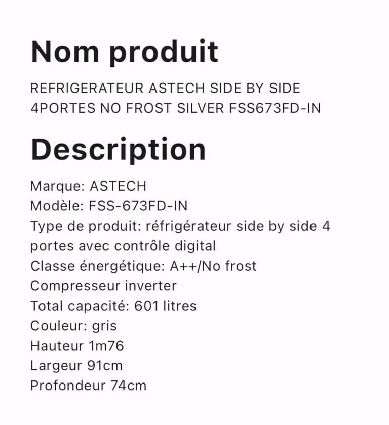 REFRIGERATEUR ASTECH SIDE BY SIDE 4 PORTES NO FROST SILVER FSS673FD IN – Image 3