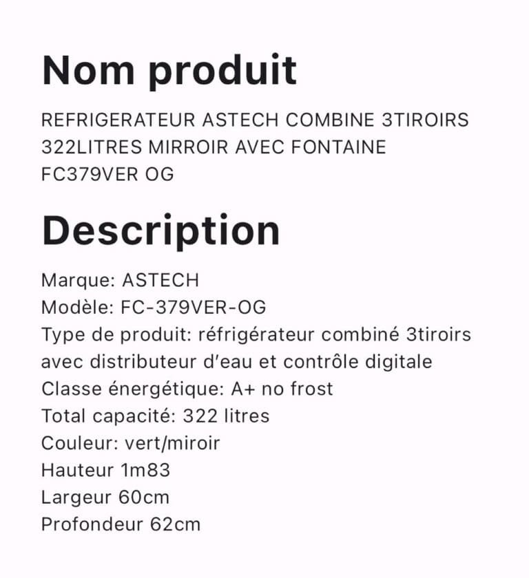 REFRIGERATEUR ASTECH COMBINE 3TIROIRS 322LITRES MIRROIR AVEC FONTAINE FC379VER  OG – Image 3