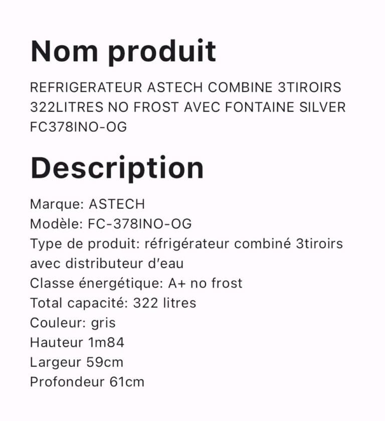 REFRIGERATEUR ASTECH COMBINE 3TIROIRS 322LITRES NO FROST AVEC FONTAINE SILVER FC378INO  OG – Image 3