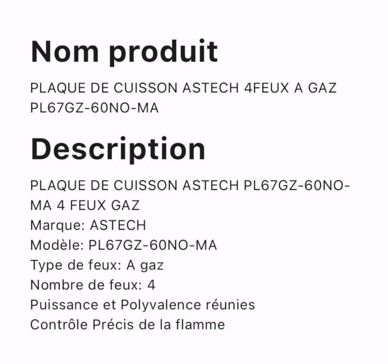 PLAQUE DE CUISSON ASTECH 4FEUX A GAZ PL67GZ 60NO MA – Image 2