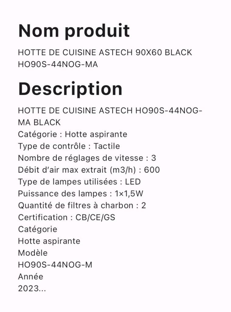 HOTTE DE CUISINE ASTECH 90X60 BLACK HO90S  44NOG  MA – Image 2