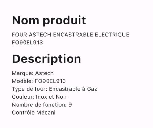 FOUR ASTECH ENCASTRABLE ELECTRIQUE FO90EL913 – Image 2