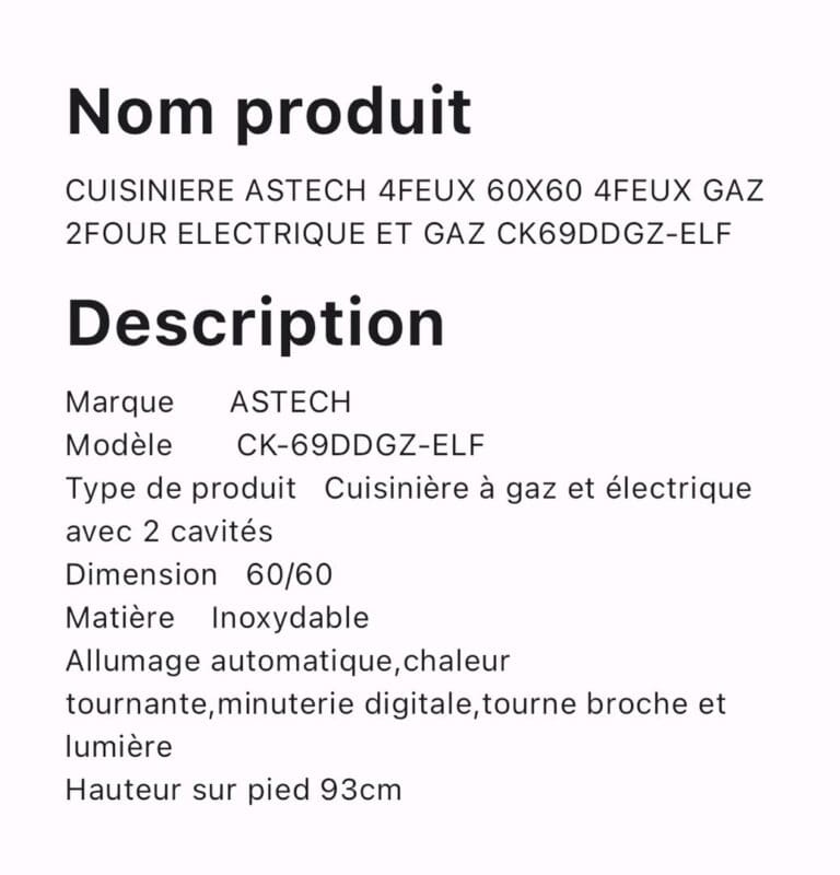 CUISINIERE ASTECH 4FEUX 60X60 4FEUX GAZ 2FOUR ELECTRIQUE ET GAZ CK69DDGZ ELF – Image 2