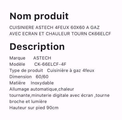 CUISINIERE ASTECH 4FEUX 60X60 A GAZ AVEC ECRAN ET CHAULEUR TOURN CK66ELCF – Image 2