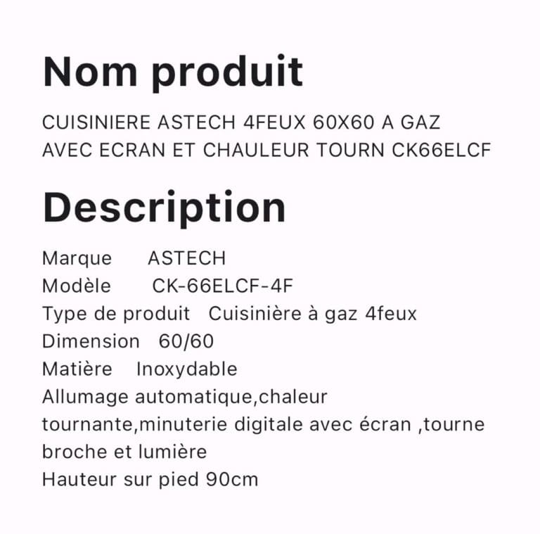 CUISINIERE ASTECH 4FEUX 60X60 A GAZ AVEC ECRAN ET CHAULEUR TOURN CK66ELCF – Image 2