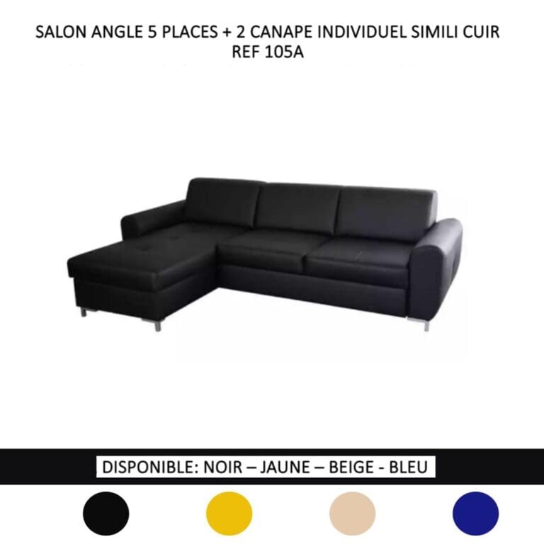 SALON ANGLE 7 PLACES (5 PLACES + 2 CANAPE INDIVIDUEL) SIMILI CUIR OU TISSU (COULEUR AU CHOIX) 105A