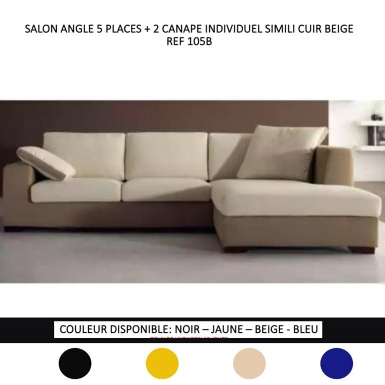 SALON ANGLE 7 PLACES (5 PLACES + 2 CANAPE INDIVIDUEL) SIMILI CUIR OU TISSU (COULEUR AU CHOIX) 105B