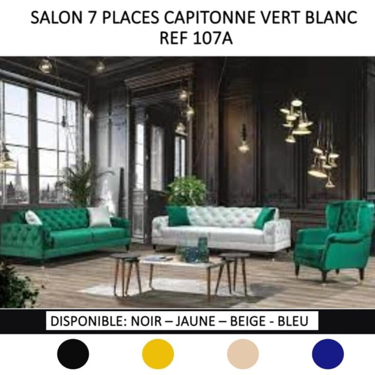 SALON CAPITONNE 7 PLACES DAIM OU TISSU (COULEUR AU CHOIX) 107A