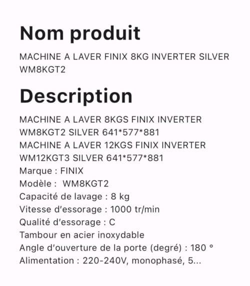 MACHINE A LAVER FINIX INVERTER SILVER WM8KGT2 – Image 2