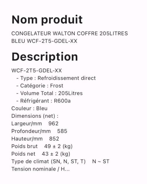 CONGELATEUR WALTON COFFRE 205LITRES BLEU WCF-2T5-GDEL-XX – Image 2