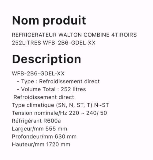 REFRIGERATEUR WALTON COMBINE 4TIROIRS 252LITRES WFB-2B6-GDEL-XX – Image 2