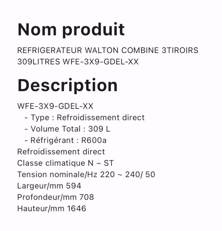 REFRIGERATEUR WALTON COMBINE 3TIROIRS 309LITRES WFE-3X9-GDEL-XX – Image 3