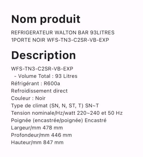 REFRIGERATEUR WALTON BAR 93LITRES 1PORTES NOIR WFS-TN3-C2SR-VB-exp – Image 2