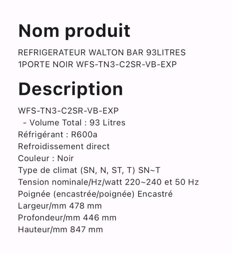 REFRIGERATEUR WALTON BAR 93LITRES 1PORTES NOIR WFS-TN3-C2SR-VB-exp – Image 2