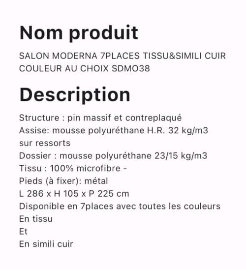 SALON MODERNA 7PLACES TISSU ET SIMILI CUIR COULEUR AU CHOIX SDMO38 – Image 2