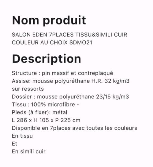 SALON EDEN 7PLACES TISSU ET SIMILI CUIR COULEUR AU CHOIX SDM021 – Image 2