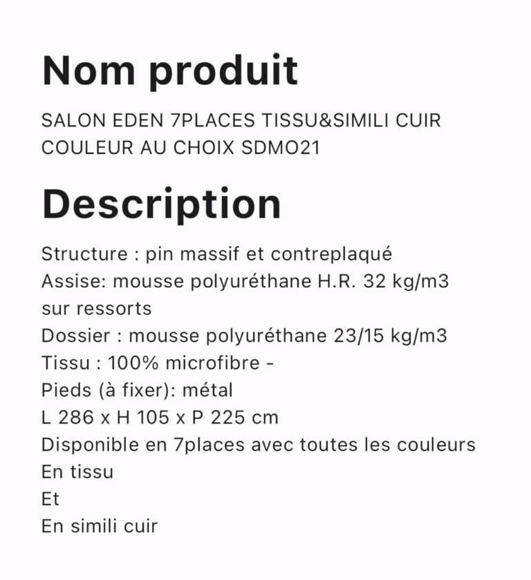 SALON EDEN 7PLACES TISSU ET SIMILI CUIR COULEUR AU CHOIX SDM021 – Image 2