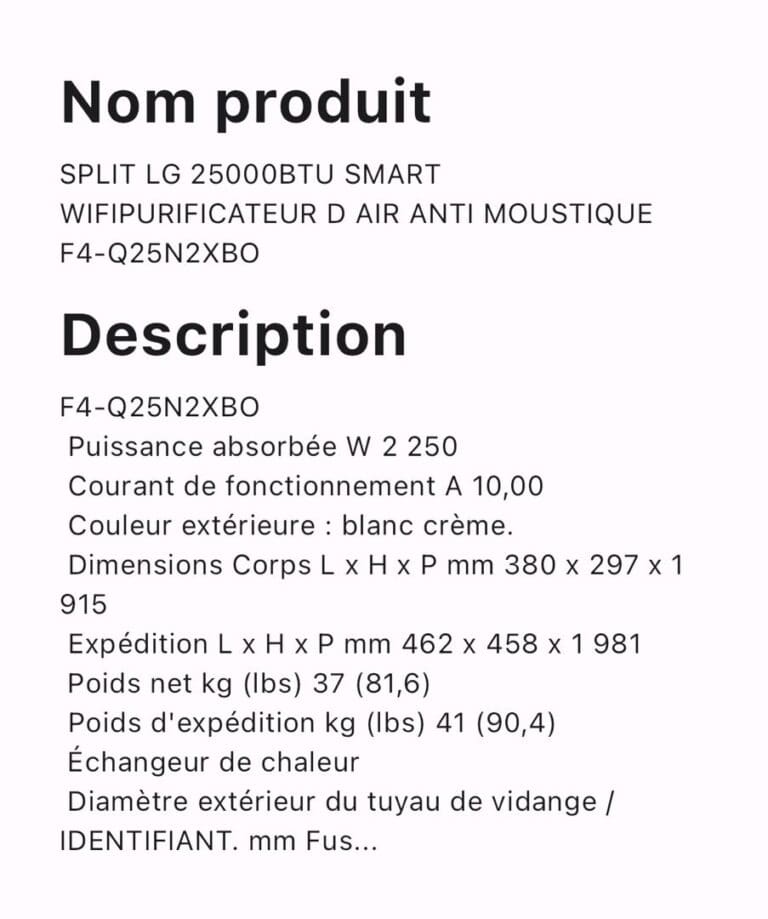 SPLIT LG 25000BTU SMART WIFI PURIFICATEUR D'AIR ANTI MOUSTIQUE F4-Q25N2XBO – Image 2