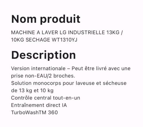 MACHINE A LAVER LG INDUSTRIELLE 13KG/10KG SECHAGE WT1310YJ – Image 2