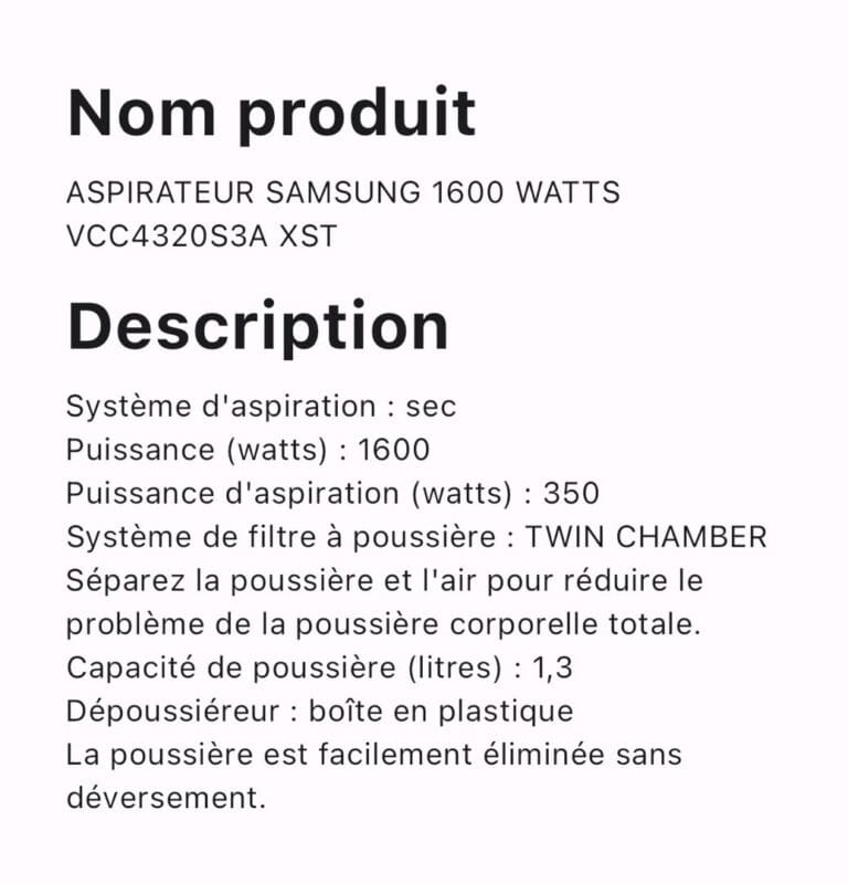 ASPIRATEUR SAMSUNG 1600 WATTS VCC4320S3A  XST – Image 2