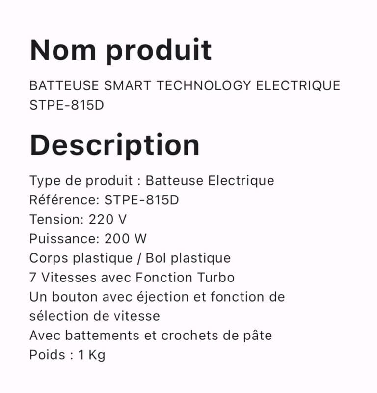 BATTEUSE SMART TECHNOLOGY ELECTRIQUE AVEC BOL STPE-822D – Image 2