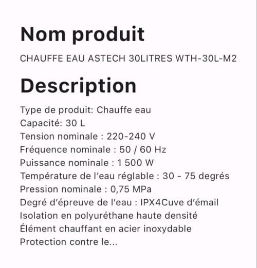 CHAUFFE EAU ASTECH 30LITRES WTH-30L-M2 – Image 2