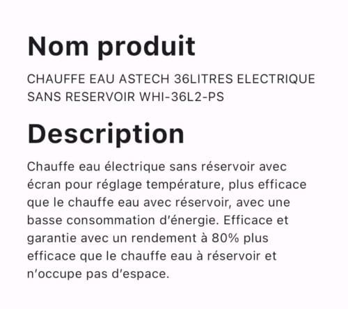 CHAUFFE EAU ASTECH 36LITRES ELECTRIQUE SANS RESERVOIR WHI-36L2-PS – Image 2