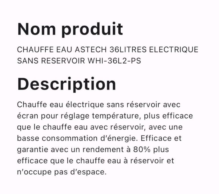 CHAUFFE EAU ASTECH 36LITRES ELECTRIQUE SANS RESERVOIR WHI-36L2-PS – Image 2