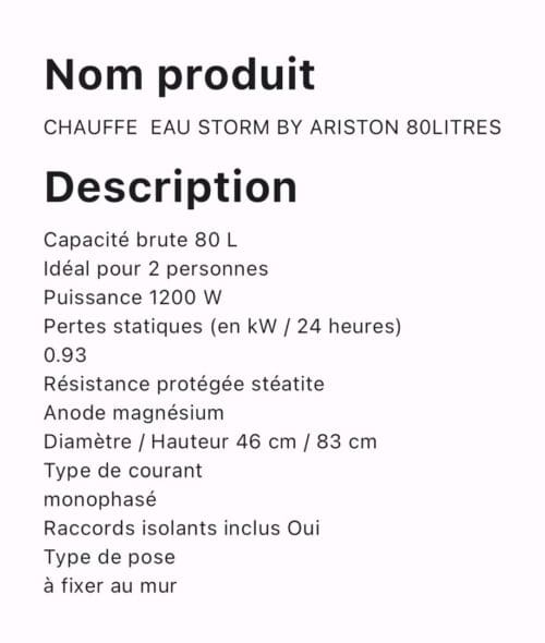 CHAUFFE EAU STORM BY ARISTON 80LITRES – Image 2