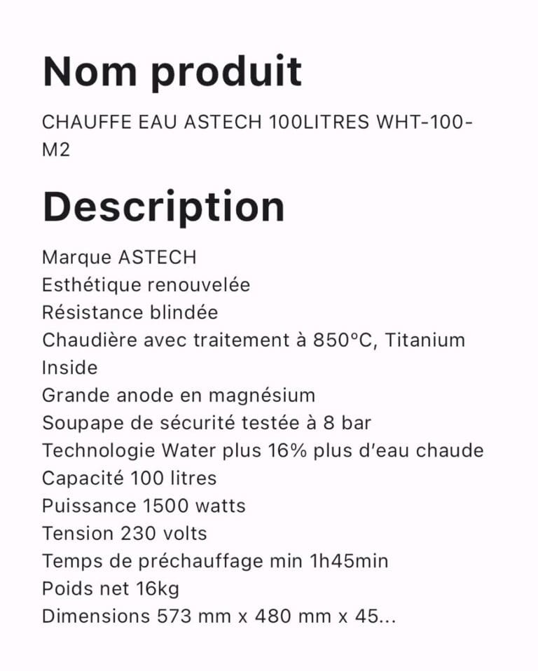 CHAUFFE EAU ASTECH 100LITRES WHT-100-M2 – Image 2