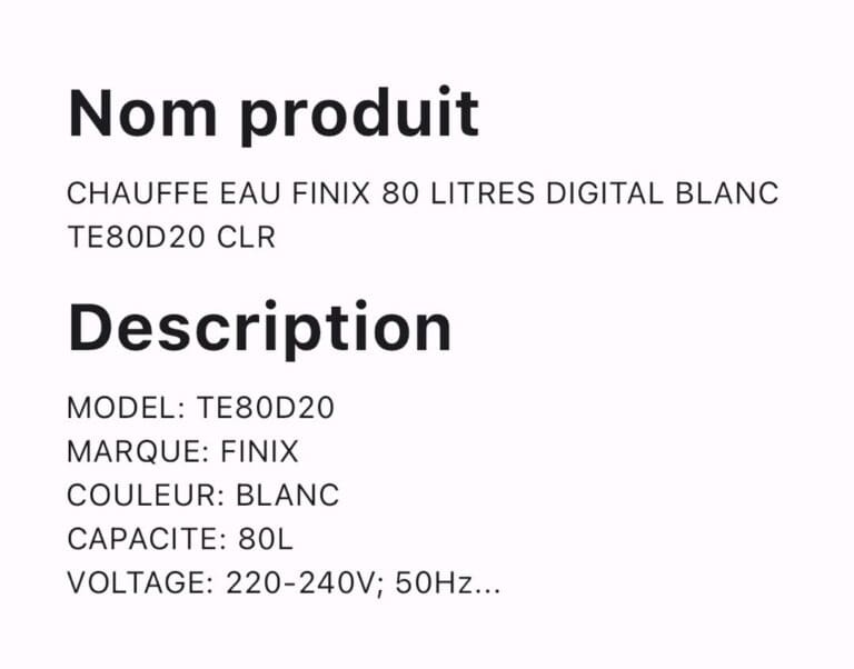 CHAUFFE EAU FINIX 80 LITRES DIGITAL BLANC TE80D20 CLR – Image 2