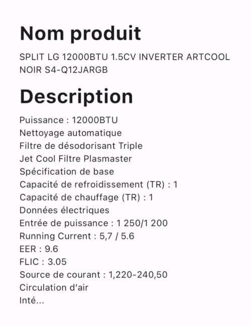 SPLIT LG 12000BTU 1.5CV INVERTER ARTCOOL NOIR S4-Q12JARGB – Image 2