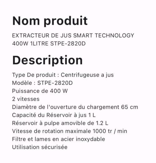 EXTRACTEUR DE JUS SMART TECHNOLOGY 400W 1LITRES STPE-2820D – Image 2